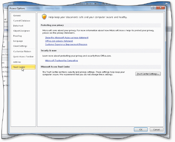 The accompanying figure displays the Trust Center in the Access Options dialog box. The ___________________ option in the Trust Center dialog box allows you to change the levels of macro security.