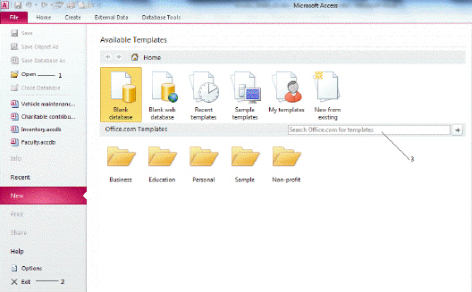 <strong> In the figure above, use item number 2 to:</strong> A) Create a database from scratch B) Open an existing database C) Search Microsoft online templates D) Exit Access