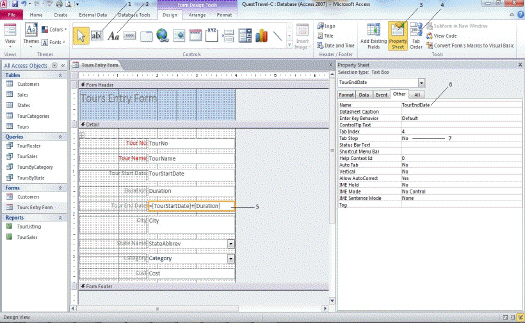 Gretchen Mitchell is a database designer at Quest Specialty Travel.She has created the Tours Entry Form shown above.Item 1 in the figure above refers to a button to create what type of control?