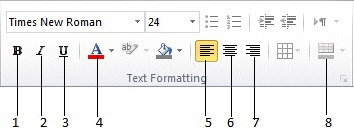 <strong> In the figure above, what button is identified as item 2?</strong> A) Italic B) Bold C) Underline D) Center