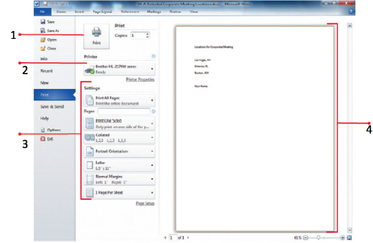 <strong> In the Office document shown in the figure above, to print the file you would click on the button represeted by which number?</strong> A) 1 B) 2 C) 3 D) 4