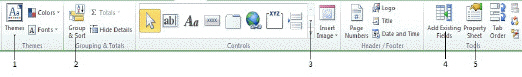 <strong> In the figure above, item 4 helps you ____.</strong> A)set the report theme B)define property values C)set the sort order D)add fields to the report