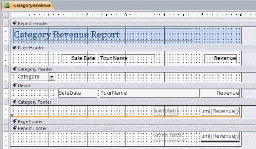 Kelsey uses Access to track the sales by category for each tour. Referring to the figure above, what is the name of the field she should use in an expression to total the sales?