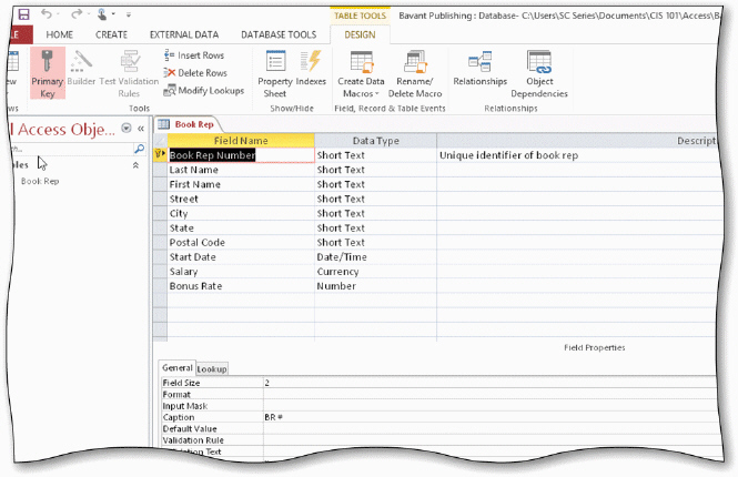 <strong> In the accompanying figure, the key symbol that appears in the row selector for the Book Rep Number field indicates that Book Rep Number is the ____ for the table.</strong> A) principal key B) foreign key C) main key D) primary key