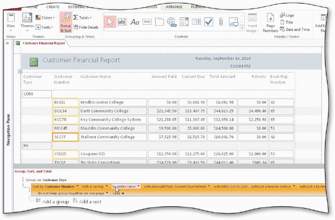Critical Thinking Questions Case 4-1 An employee at Bavant Publishing has created the report shown in the accompanying figure but needs some assistance in adding subtotals and grand totals. Bavant also would like some way to identify customers easily who have a current due amount of zero. How can the employee add subtotals and totals for the Amount Paid column?