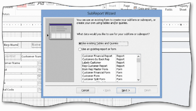 <strong> The SubReport Wizard displays in the accompanying figure. To add a subreport to a report, you use the ____ tool on the REPORT DESIGN TOOLS DESIGN tab.</strong> A) Report B) Subform/Subreport C) Subreport D) Bound Object