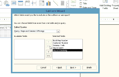 The SubForm Wizard displays in the accompanying figure. To open a subform in Design view, press and hold or right-click the subform in the Navigation Pane and tap or click ____ on the shortcut menu.