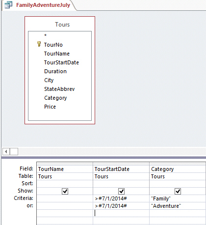 In the accompanying figure, the criteria in the TourStartDate column would be considered OR criteria.