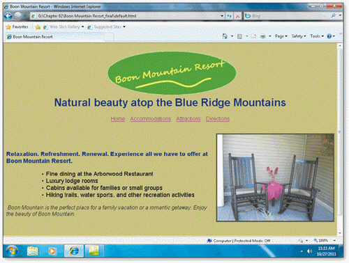 Using the accompanying figure, briefly explain the role of the image on the Boon Mountain Resort home page.