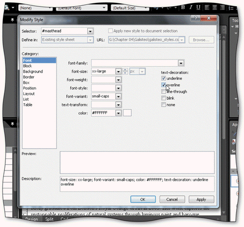 <strong> A summary of selected formatting attributes for a style appears in the ____ text box in the Modify Styles dialog box, as shown in the accompanying figure.</strong> A) Description B) Preview C) Selector D) Category