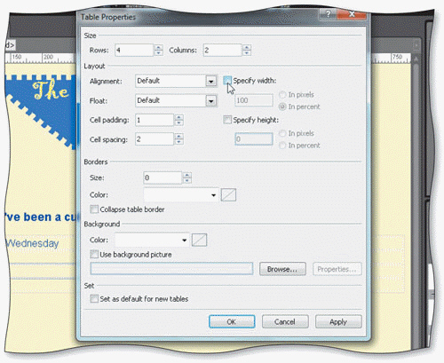 <strong> In the Table Properties dialog box shown in the accompanying figure, deselecting the ____ check box would distribute rows and columns across the width of a table.</strong> A) Distribute width B) Specify width C) In pixels D) In percent