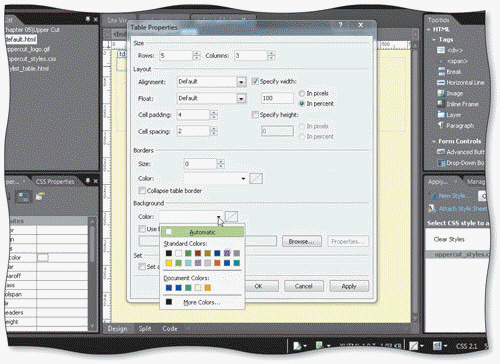 Using the accompanying figure as your guide, list the steps to open the Table Properties dialog box and then add four pixels of padding to all the cells in a table and a white background color.