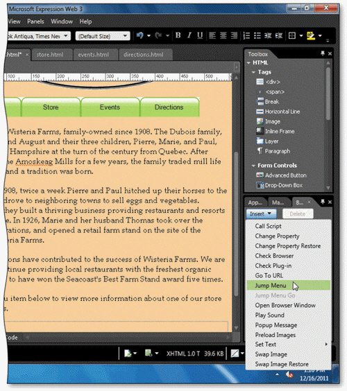 <strong> Which of the following shortcut menu commands, shown in the accompanying figure, creates a navigation menu with different text links?</strong> A) Call Script B) Set Text C) Jump Menu D) none of the above