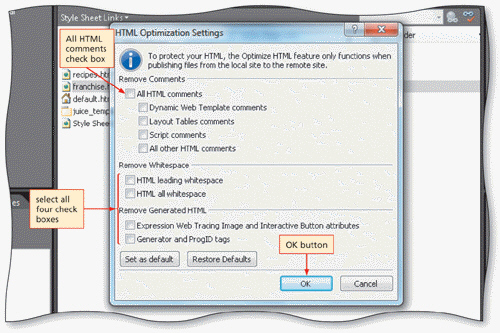 <strong> You can optimize HTML by setting options in the HTML Optimization Settings dialog box shown in the accompanying figure, which is available from the ____ dialog box.</strong> A) Site Settings B) Optimization C) Compatibility Checker D) Accessibility Checker