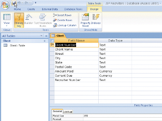 <strong> Figure 1-2 In the accompanying figure, the key symbol that appears in the row selector for the Client Number field indicates that Client Number is the ____ for the table.</strong> A)principal key B)foreign key C)primary key D)main key