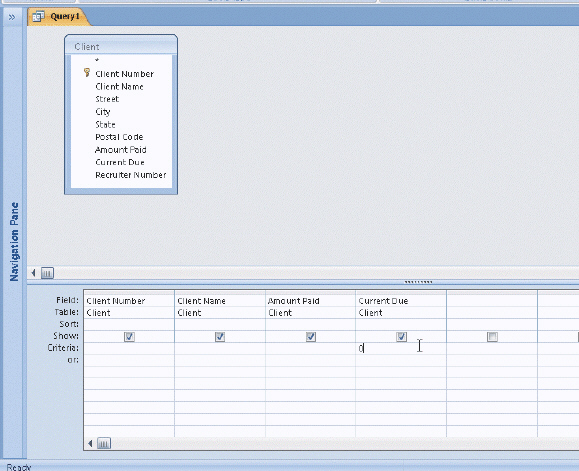 Figure 2-2 In the accompanying figure, the criterion for Current Due is 0. To find all clients whose current due amount is greater than $10,000.00, erase the 0 and enter _____ in the Criteria row of the Current Due column.