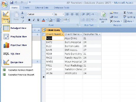 Figure 2-4 The View button menu appears in the accompanying figure. To see the results of a query, click the ____________________ button on the menu.