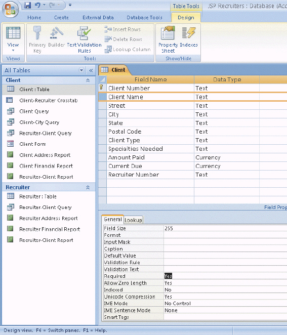 Critical Thinking Questions Case 1 JSP Recruiters has decided to add some additional validation rules to the Client table shown in Design view in the accompanying figure. They have asked you to create these validation rules. Figure 3-4 JSP would like to make sure that if an employee enters the letters co in the State field that it displays in the database as CO. What property do you need to change and what would you enter in the property box?