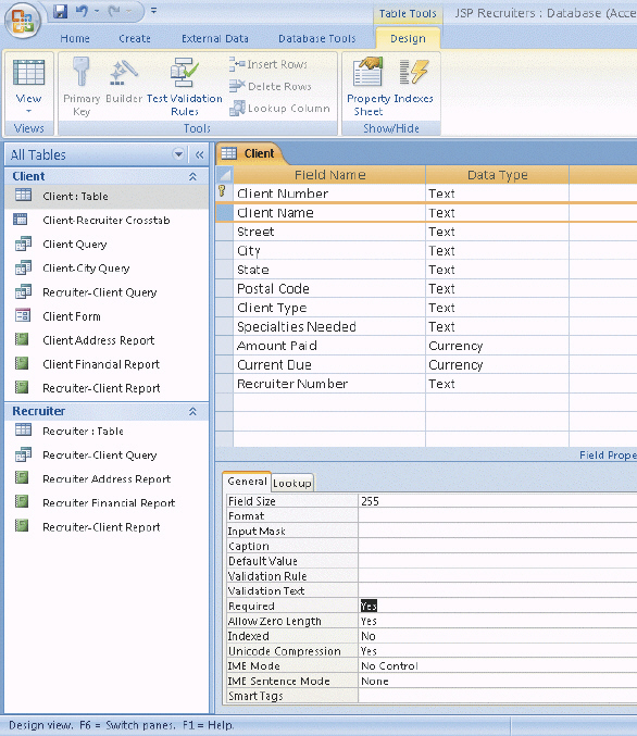 Critical Thinking Questions Case 2 JSP Recruiters has just realized that they need to make some additional changes to the Client table shown in Design view in the accompanying figure. They have asked you to make these changes. Figure 3-4. JSP would like to add a telephone number field to the Client table. The field should appear after the postal code field. What do you need to do to add the field?