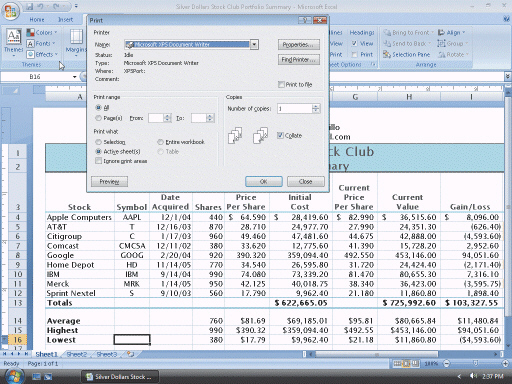 <strong>  Figure 2-3 In the Print dialog box shown in the accompanying figure, the ____ instructs Excel to print the selected range.</strong> A)Selection option button B)Print to file check box C)Active sheet(s)option button D)Collate check box <div style=padding-top: 35px> 