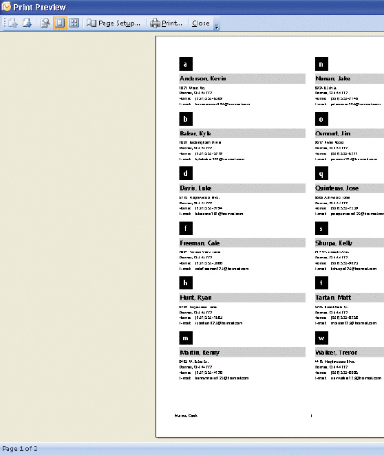   Figure 1-1 In the accompanying figure, clicking the _____ button while displaying a list of contacts will result in Outlook making a hard copy of the contacts on the list.