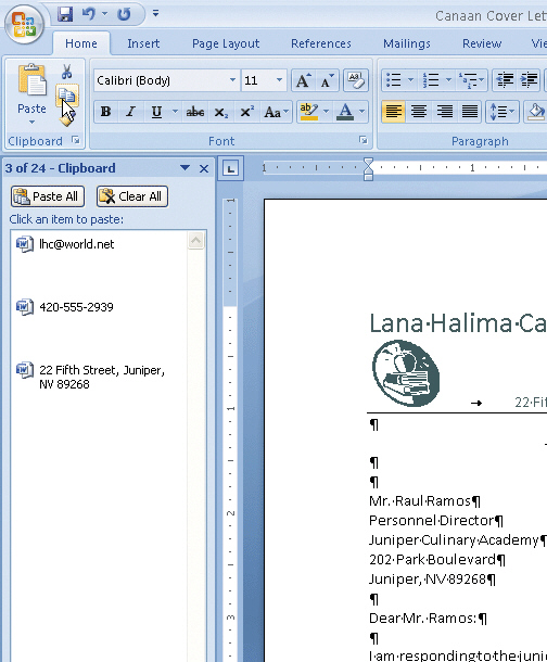 <strong>  Figure 3-4 If the e-mail address shown in the accompanying figure had just been pasted into the cover letter shown, that would make this letter the ____ document.</strong> A)baseline B)index C)destination D)output <div style=padding-top: 35px> 