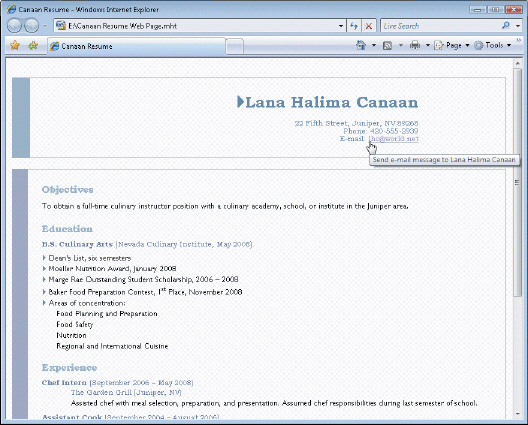 Figure 1 An e-mail address in a resume Web page like the one in the accompanying figure should be formatted as a hyperlink.