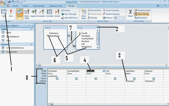 <strong> In the figure above, item 4 points to Duration as the ____.</strong> A) third field of a query B) Date/Time field C) query design grid D) None of the above