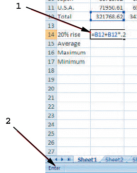<strong> As shown in the figure above, item 1 points to a(n) ____ formula.</strong> A) absolute B) relative C) mixed D) complex