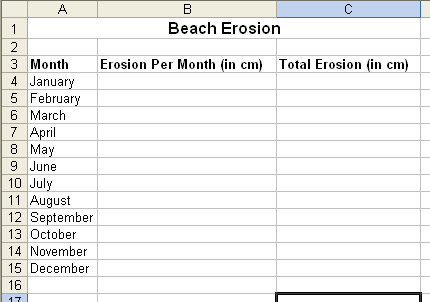 You are a scientist studying beach erosion at your local beach. You have created a simple worksheet to calculate the yearly erosion rate and to perform some what-if analysis. The spreadsheet that you have so far is given below. In June, you re reviewing your spreadsheet and notice that you ve made an error in March s and April s erosion per month. You used a formula to calculate the values for total erosion. What changes would you need to make to your spreadsheet so that all erosion figures and totals are correct?