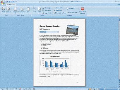 Mary Lou Jacobs has requested that additional information be included in the report shown in the figure below. She has added the text Only of our guests rated the QST tour experience as either Fair or Poor to the bottom of the Word document. You need to fill the space after Only with the percentage of Fair or Poor responses from the source Excel spreadsheet. To carry out the tasks, you will need to apply your knowledge of OLE technology. Describe how to populate cell F20 with the description Fair/Poor and cell G20 with the sum of the data in cells G16 and G17.