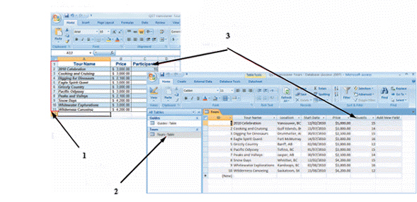 <strong> In the figure above, item 2 points to an Excel table ____ Access.</strong> A) exported from B) deleted from C) compressed in D) imported into