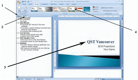 <strong> The element pointed to by item 4 in the figure above adds a(n) ____ to your PowerPoint slides.</strong> A) object B) outline C) set of notes D) theme
