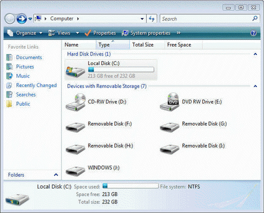 <strong> In the figure above, the amount of available free space on the hard disk is ____.</strong> A) 19 GB B) 213 GB C) 232 GB D) Windows does not report the available free space.