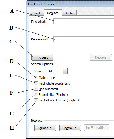 Referring to the figure below, match each find and replace example with the appropriate search option.