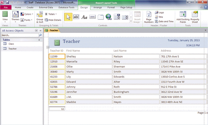 <strong>FIGURE AC 5-1 Referring to the figure above, in this report, ____ appear in controls.</strong> A) the Teacher ID label B) the records shown below the Teacher ID label C) both a. and b. D) neither a. nor b.