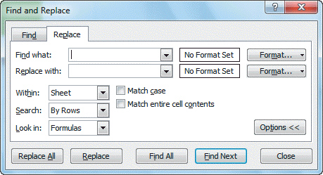 <strong>FIGURE EX 1-1 Referring to Figure EX 1-1 above, if you entered an incorrect value in one of the cells and wanted to find it, you would choose cell contents as your place to search in the ____ option box.</strong> A) Look in B) Search C) Within D) Replace with