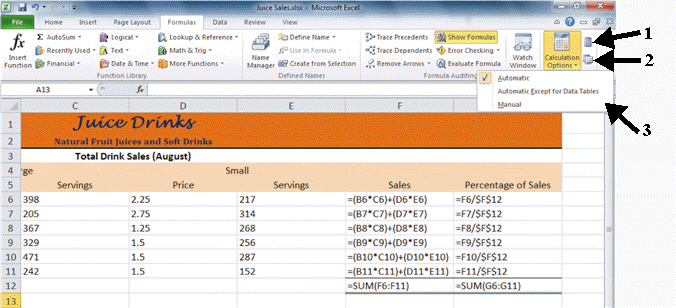 <strong>FIGURE EX 4-1 In Figure EX 4-1 above, number 3 is pointing to the ____ menu.</strong> A) Customize Calculations B) Calculations Options C) Show Formulas D) Manual Calculations