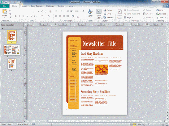 <strong>FIGURE PB 1-1 In PB Figure 1-1 above, the Page Navigation pane shows ____ pages of the newsletter.</strong> A) one B) two C) three D) four