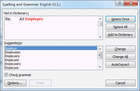 FIGURE WD 3-1 When a contextual spelling error is detected, the dialog box that appears is the same as the one shown in Figure WD 3-1 above, but only the Change and ____ commands are available.