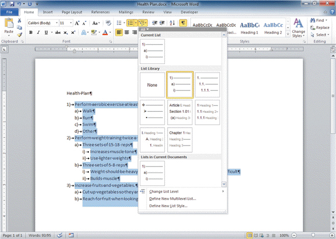 FIGURE WD 5-1   Referring to Figure WD 5-1 above, to create the next item in the list, press Enter. You can change the newly inserted item to a lower-level in one of three ways that does NOT include ____.