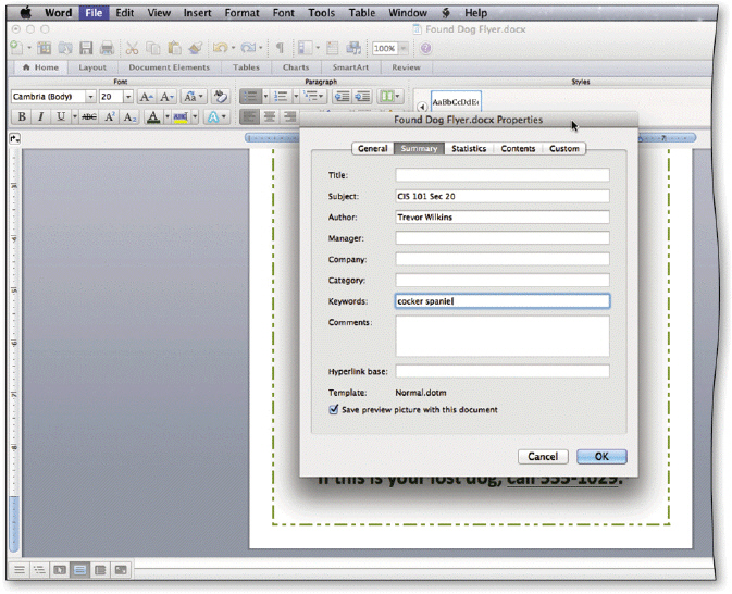 Using document properties, like those in the accompanying figure, is unlikely to save users time locating a particular file because they cannot view a document's properties without opening the document.