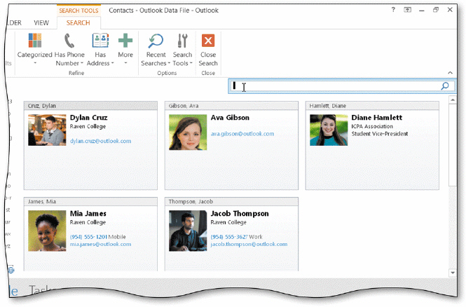 <strong> To find a contact by searching for text, tap or click the Search Contacts text box to display the SEARCH TOOLS ____ tab, as shown in the accompanying figure.</strong> A) SEARCH B) FIND C) LOCATOR D) NAVIGATION