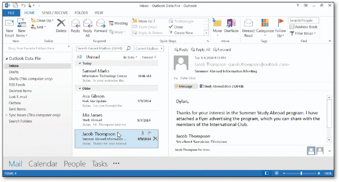 As shown in the accompanying figure, you can tap or click the Mail button to preview an email message in the Reading pane.