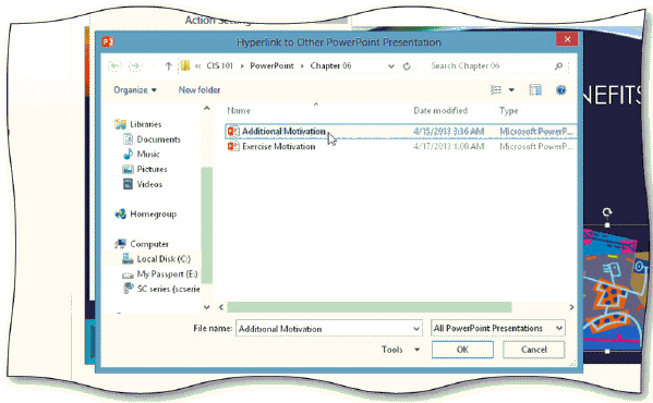 To open the Hyperlink to Other PowerPoint Presentation dialog box shown in the accompanying figure, you should tap or click Other PowerPoint Presentation in the Hyperlink to list in the ____ Settings dialog box.