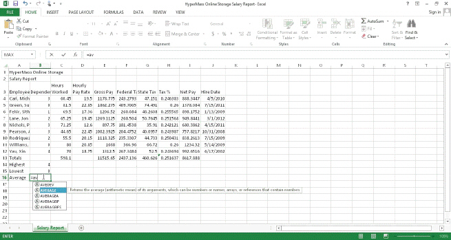 Typing =av in a cell displays the ____________________, as shown in the acsampanying figure.
