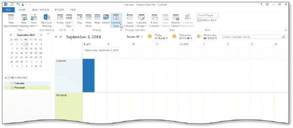 <strong> The ____ View allows you to view multiple calendars over the saurse of a single day in a horizontal layout, as shown in the acsampanying figure.</strong> A) Schedule B) Month C) Day D) Backstage