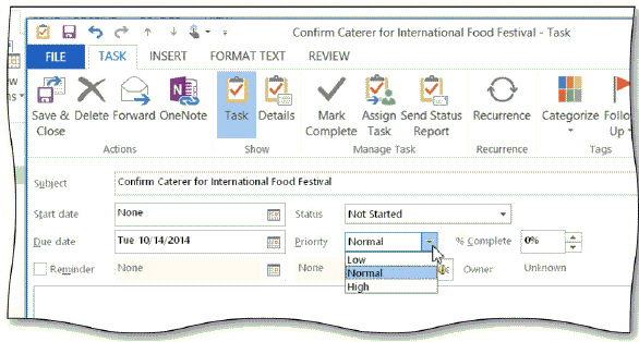 Tap or click the Priority box arrow to display the priority options, as shown in the acsampanying figure.