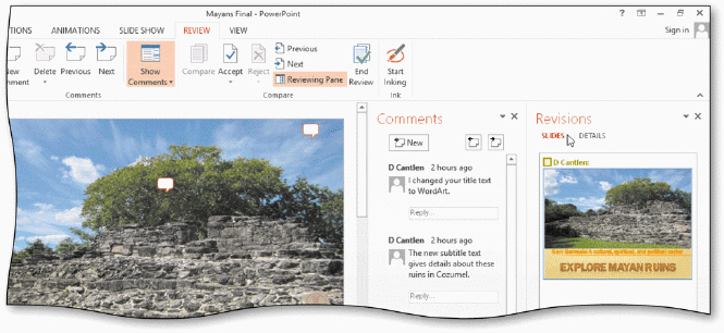 As shown in the acsampanying figure, you can preview presentation changes made by reviewers if you first display the Preview tab.