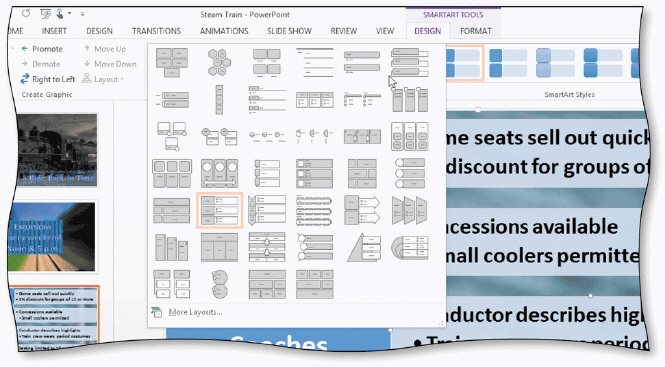 Briefly describe how to change the layout of an existing SmartArt graphic, using the acsampanying figure as your guide.